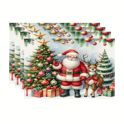 1/4/6pcs Festive Holiday Christmas Table Runner Set - Vibrant Polyester Fiber Design with Santa, Reindeer & Christmas Tree Pattern, Durable, Water-Resistant, and Easy-to-Clean Dining Table Decorations for Xmas Party, Holiday Gathering and Seasonal Celebra