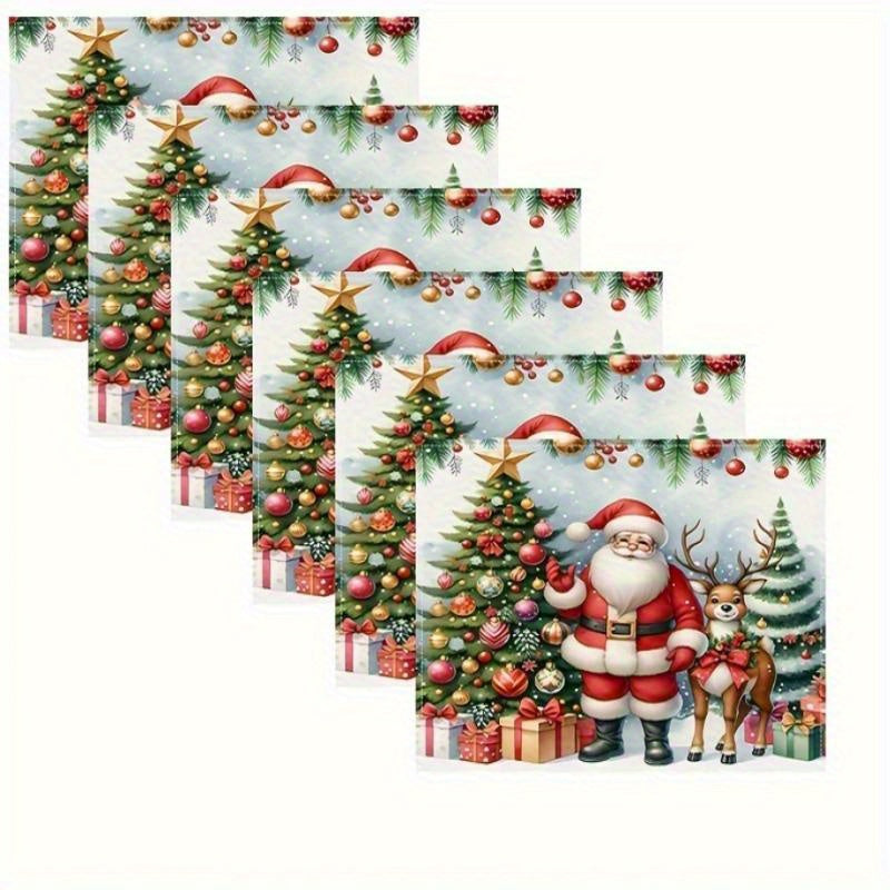 1/4/6pcs Festive Holiday Christmas Table Runner Set - Vibrant Polyester Fiber Design with Santa, Reindeer & Christmas Tree Pattern, Durable, Water-Resistant, and Easy-to-Clean Dining Table Decorations for Xmas Party, Holiday Gathering and Seasonal Celebra