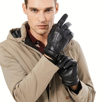 2-Pack of Warm & Touchscreen Men's Faux Leather Gloves for Winter Outdoor Driving & Cycling, Washable Non-Woven Material with Button Closure, Ideal Gift