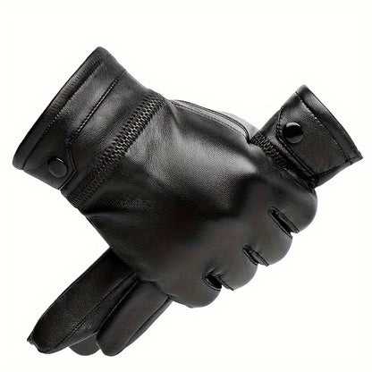 2-Pack of Warm & Touchscreen Men's Faux Leather Gloves for Winter Outdoor Driving & Cycling, Washable Non-Woven Material with Button Closure, Ideal Gift
