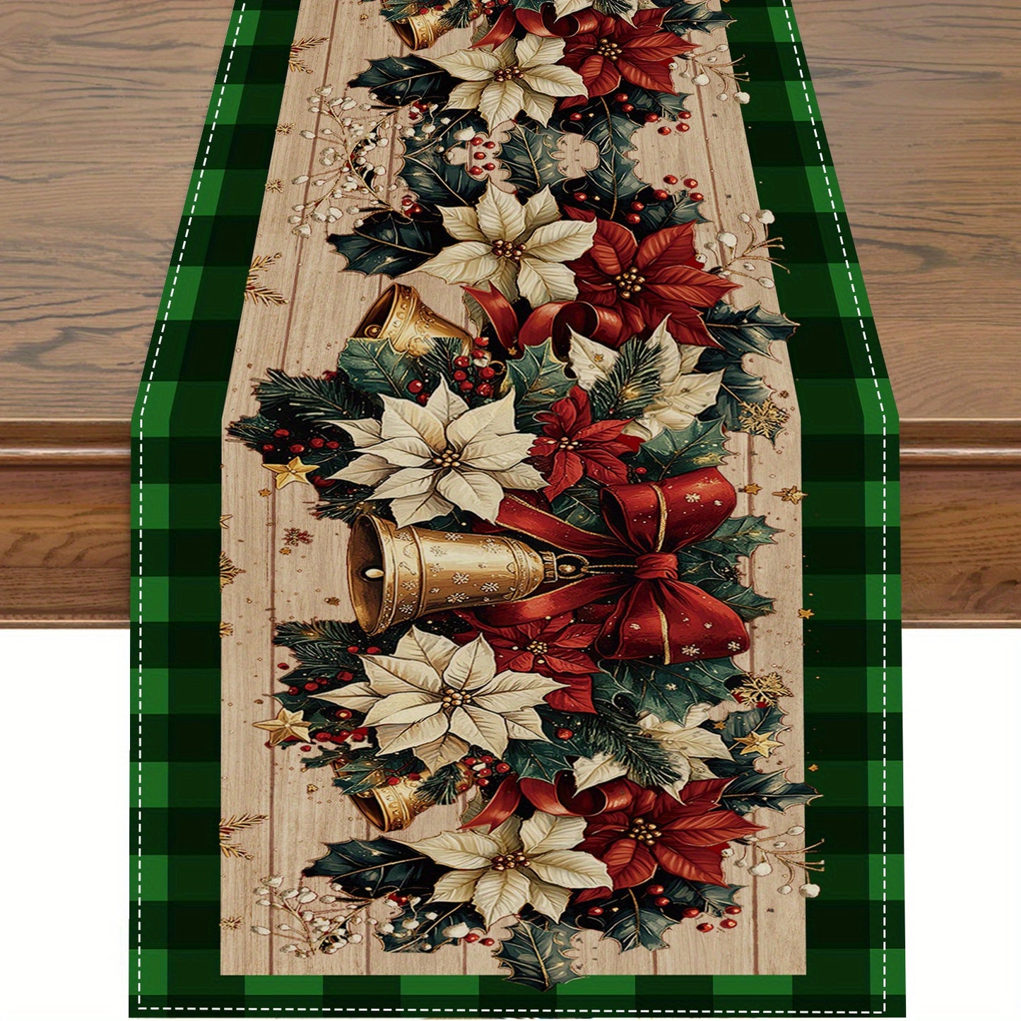 [Customer Favorite] Festive Christmas Table Runner with Ornaments and Poinsettia Design - Buffalo Plaid Holiday Decor for Home and Parties, Polyester Fabric, Perfect Gift, Christmas Decor