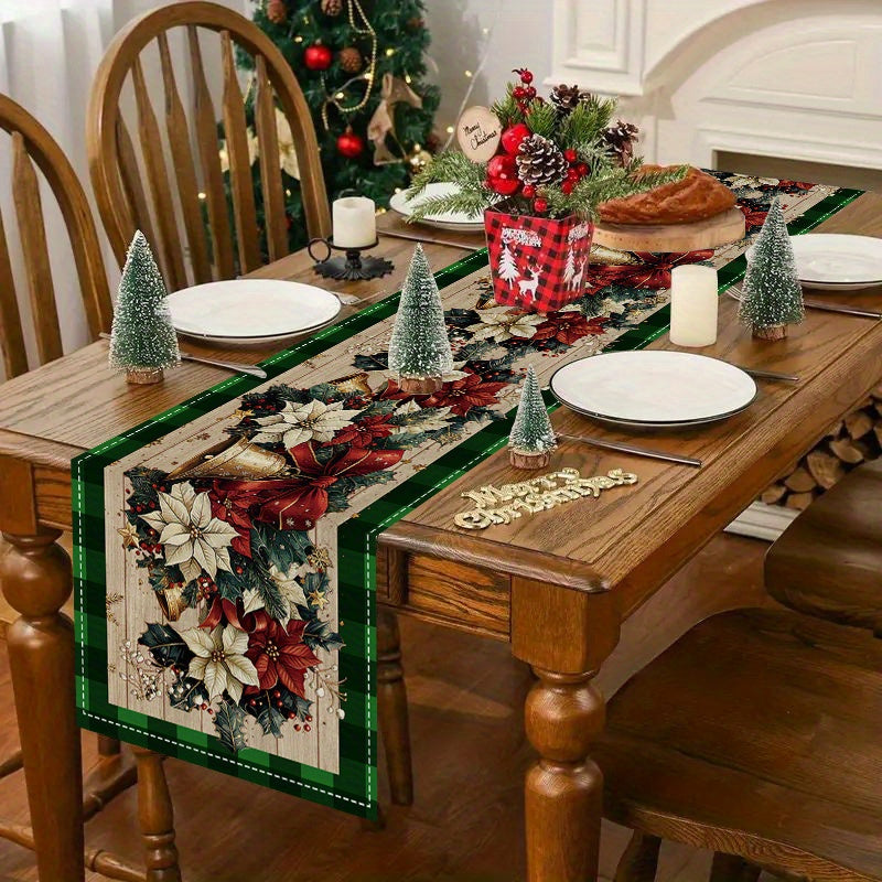 [Customer Favorite] Festive Christmas Table Runner with Ornaments and Poinsettia Design - Buffalo Plaid Holiday Decor for Home and Parties, Polyester Fabric, Perfect Gift, Christmas Decor