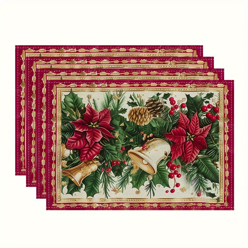 JIT 1/4pcs Merry Christmas Polyester Table Runner - Machine Made Thermal Mat with Festive Poinsettia, Christmas Ball, Buffalo Plaid Design for Holiday Table Decor