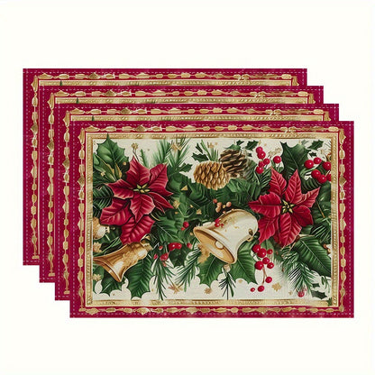 JIT 1/4pcs Merry Christmas Polyester Table Runner - Machine Made Thermal Mat with Festive Poinsettia, Christmas Ball, Buffalo Plaid Design for Holiday Table Decor
