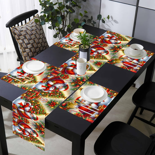 Santa Claus & Snowman Christmas Table Runner and Placemats Set - Festive Holiday Decor for Dining, Polyester, Perfect for Parties and Home Celebrations, Christmas Decor