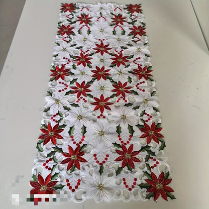 Festive Christmas Floral Embroidered Lace Table Runner and Placemats Set – Elegant Polyester Holiday Decor for Dining Room