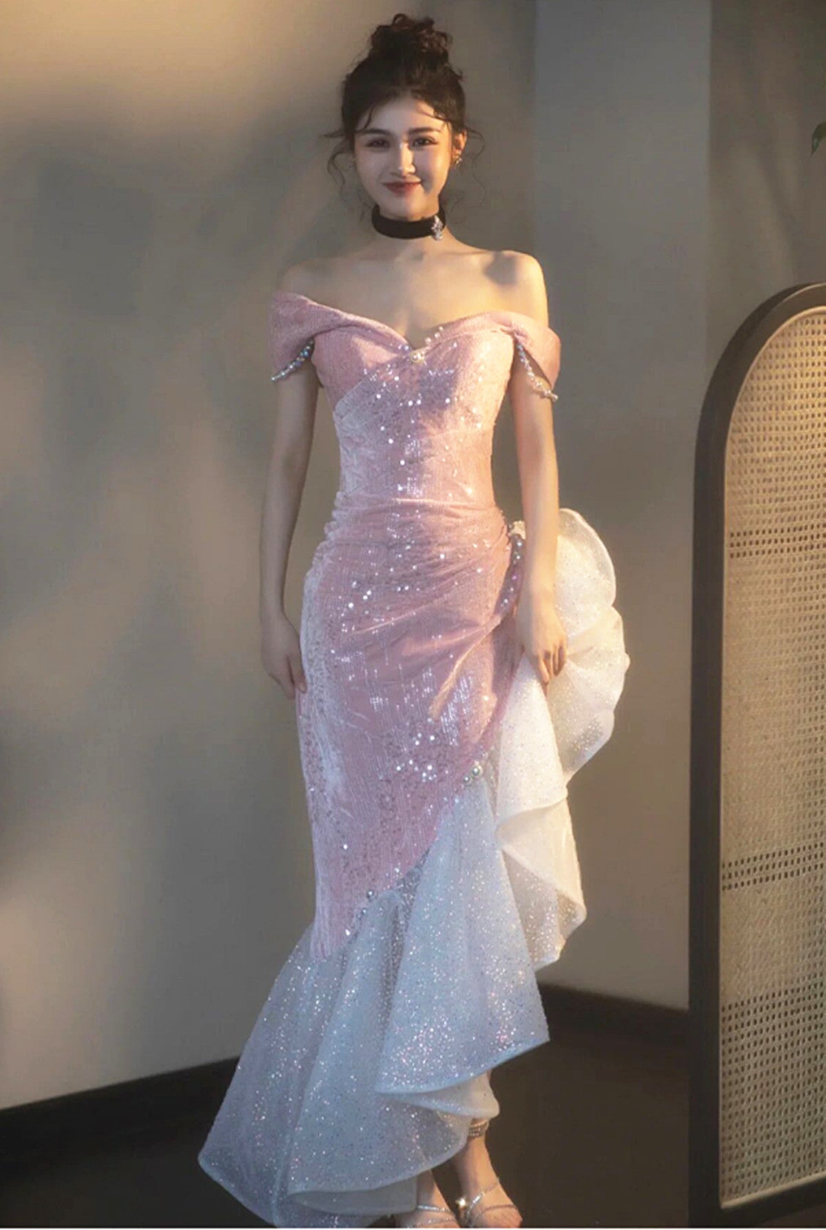 LOVECCRChic Pink High Low Mermaid Off Shoulder Prom Dress, Pink Homecoming Dress
