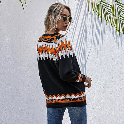 LOVECCR sweater women's pullover v-neck loose casual style contrasting top 2025 knitted sweater new autumn and winter