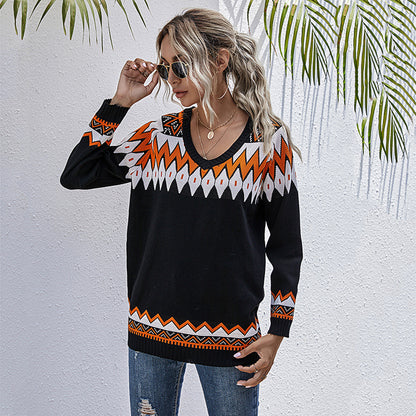 LOVECCR sweater women's pullover v-neck loose casual style contrasting top 2025 knitted sweater new autumn and winter