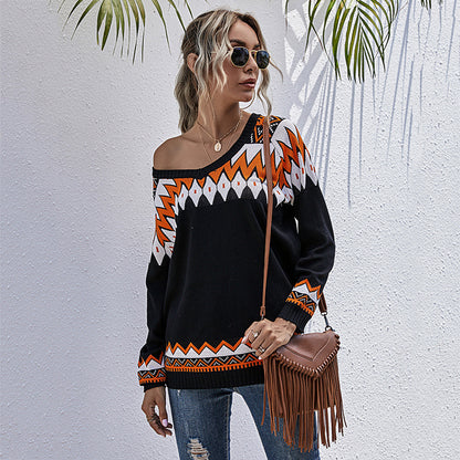 LOVECCR sweater women's pullover v-neck loose casual style contrasting top 2025 knitted sweater new autumn and winter