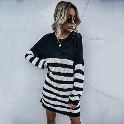 LOVECCR popular autumn and winter  New 2025 striped knitted sweater women's loose lazy style medium and long thick needle sweater skirt