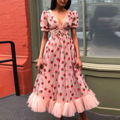Cross-border 25 dresses  strawberry two-color V-neck fashionable sequined long dress mesh strap pleated dress
