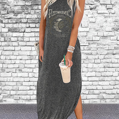 Fleet Wood Mac Print Sleeveless Tee Dress, Casual Tank Dress For Spring & Summer, Women's Clothing