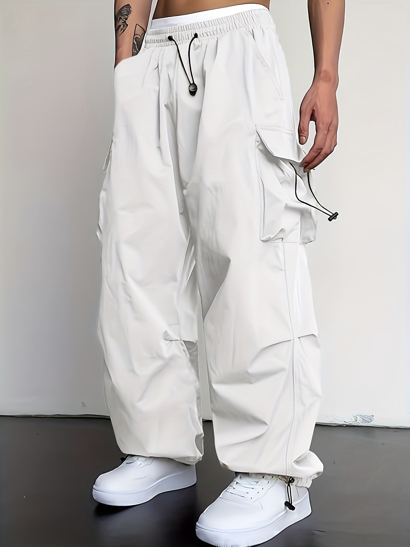Men's Solid Color Baggy Cargo Pants With Drawstrings, Multi-pocket Casual Stylish Outdoor Trousers As Gift
