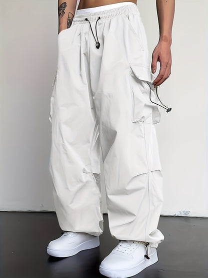 Men's Solid Color Baggy Cargo Pants With Drawstrings, Multi-pocket Casual Stylish Outdoor Trousers As Gift