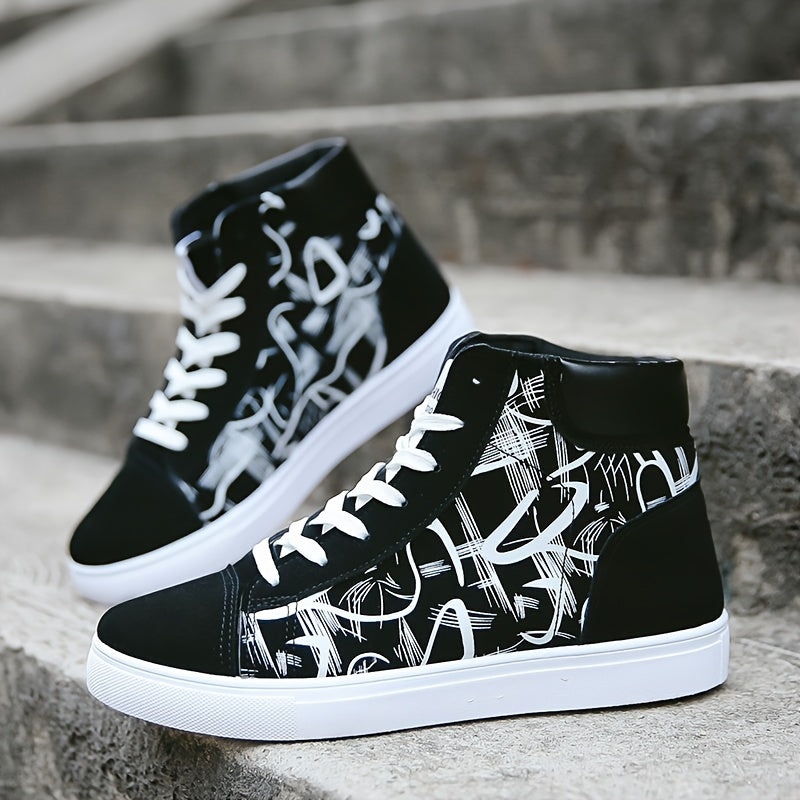 Vintage Casual Mid-Top Skateboarding Sneakers for Men, Minimalist Solid Color Lace-Up Shoes with Fabric Upper and PVC Sole, Breathable Inner, All-Season Comfortable Round Toe Skate Shoes for Daily & Casual Use