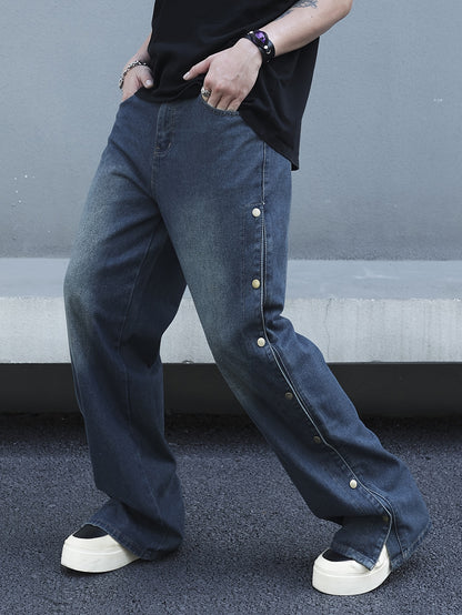 Men's Comfy Loose Fit Wide Leg Jeans - Stylish Fancy Button Detail, Soft Denim, Breathable, Street Style Fashion, Perfect for Casual Daily Wear