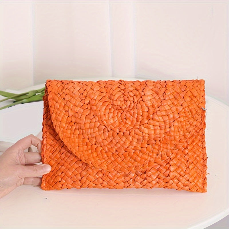 Women's Fashion Flap Envelope Straw Bag, Summer Beach Handmade Wallet, Clutch Solid Color Travel Wallet