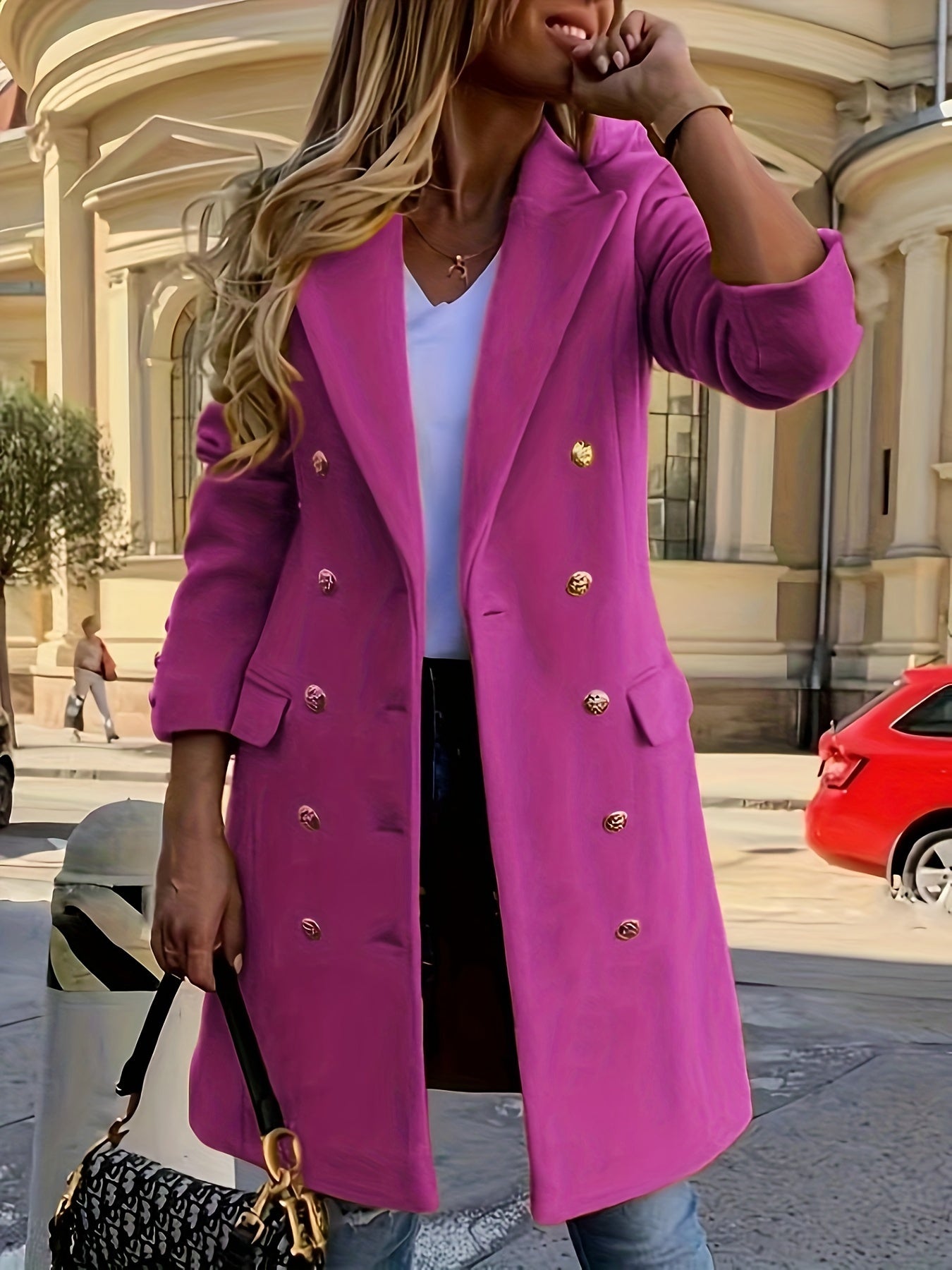 Double-breasted Notched Collar Coat, Elegant Long Sleeve Coat For Fall & Winter, Women's Clothing