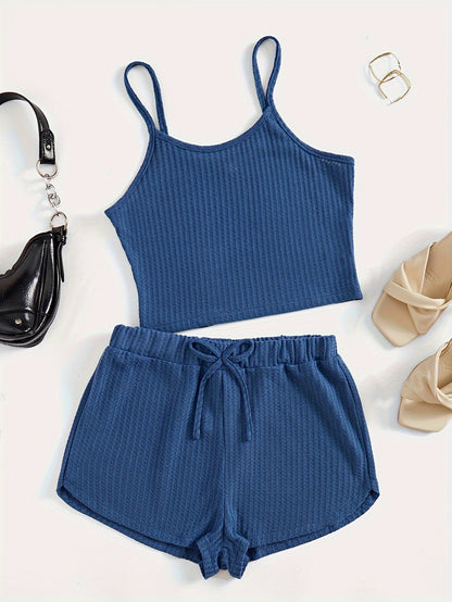 Solid Waffle Shorts Casual Set, Spaghetti Strap Sleeveless Crop Cami Top & Knotted Front Shorts Outfits, Women's Clothing