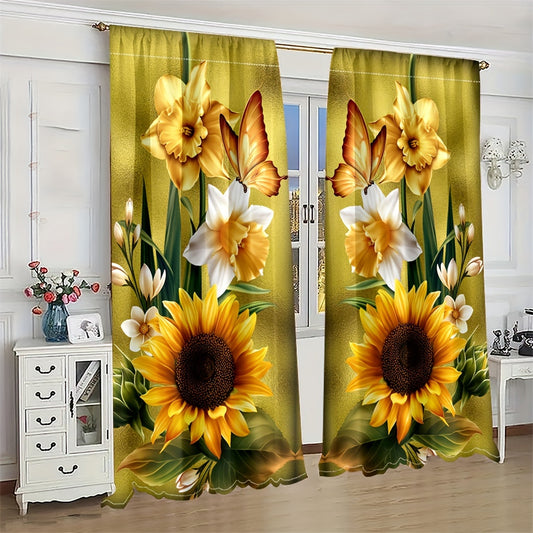 Rustic Sunflower Kitchen Curtains -Vintage Country Farmhouse Style, 2 Panels, Short Cafe Curtains For Dining Room, Botanical Art Tier Curtains, Window Treatment, Home Decor