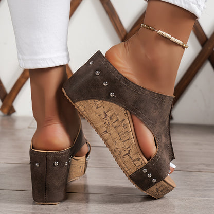 Womens Solid Hue Platform Sandals - Effortless Slip-On, Soft Sole Comfort, Glamorous Studded Decor, Breathable Side Cut Outs, Height-Boosting Wedge - Perfect for Summer