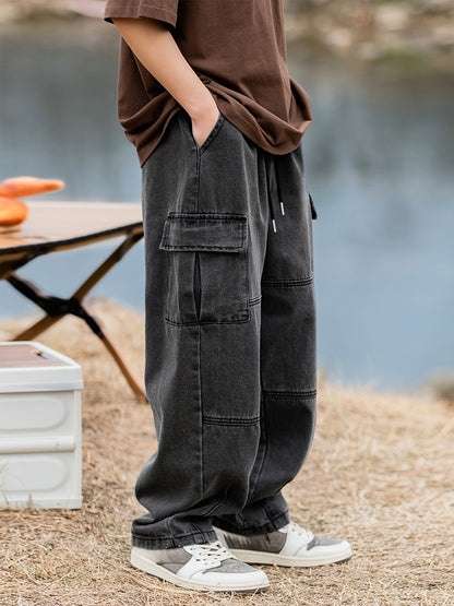 Multi-Pocket Loose Fit Denim Cargo Pants - Soft Cotton Blend, Drawstring Waist, Relaxed Style for Spring and Fall Outdoor Activities, Casual Everyday Wear