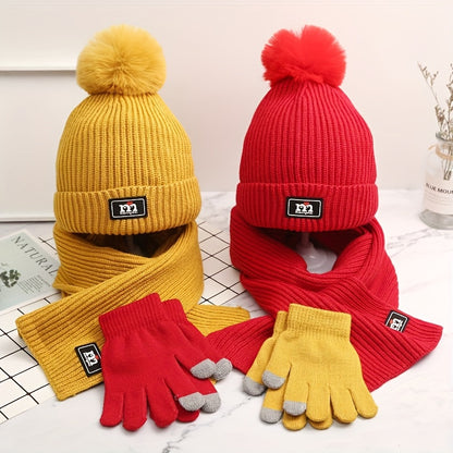 Winter Beanie Scarf Glove Set - 3 Piece Knitted Warm Accessories Kit, Elastic Polyester & Cotton Blend, Crafted Beanie with Pom Pom Detail, Cozy Knit Gloves - Unisex Cold Weather Gear