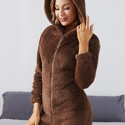 Solid Fuzzy Hooded Jumpsuit For Music Festival, Long Sleeve Zip Up Pajamas, Women's Sleepwear & Loungewear