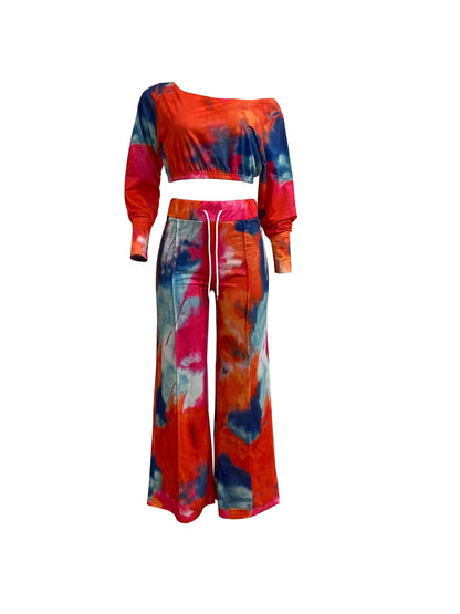 Trendy Tie Dye Two-piece Outfit Set - Soft Long Sleeve Crop Top & Adjustable Drawstring Pants - Casual, Comfortable, and Flattering Womens Clothing