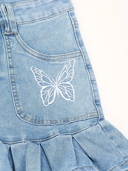 Feminine Embroidered Butterfly Denim Skirt - Stylish High-Waist Mini Skirt with Fluttery Ruffles & Comfortable Fit - Perfect for Summer Fashionistas
