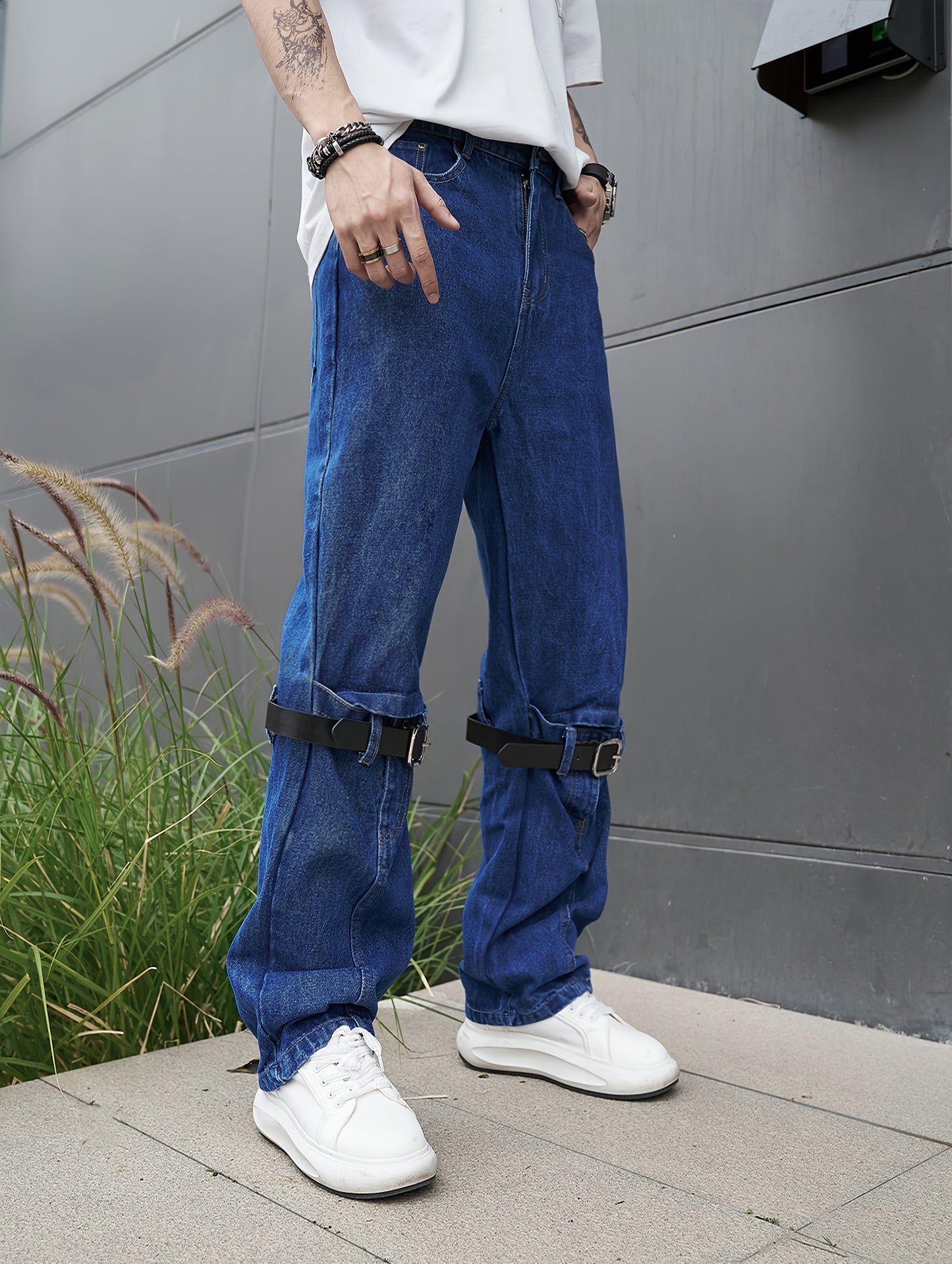 Mens Casual Loose Cargo Jeans - Solid Cotton Blend with Adjustable Drawstring & Multiple Pockets - All Seasons, Rugged for Outdoor, Leisure, and Work Wear