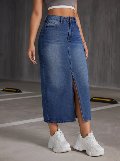Chic Womens Denim Midi Skirt with Slant Pockets & Split Hem - Trendy Non-Stretch Washed Casual Style - Perfect for Everyday Wear