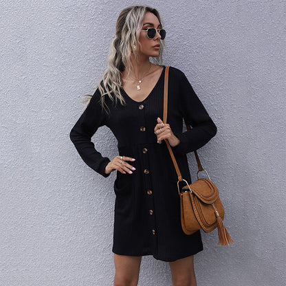 LOVECCR New popular autumn and winter Popular and 2025 loose long-sleeved slim-fitting solid color v-neck knitted sweater dress women