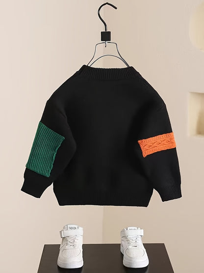 Stylish Boys' Color Block Patchwork Sweater - Fall/Winter Casual Knit Pullover - Soft, Warm, and Cozy Crew Neck Jumper for Autumn with Classic Design and Comfortable Fit