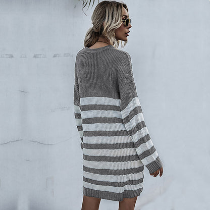 LOVECCR popular autumn and winter  New 2025 striped knitted sweater women's loose lazy style medium and long thick needle sweater skirt