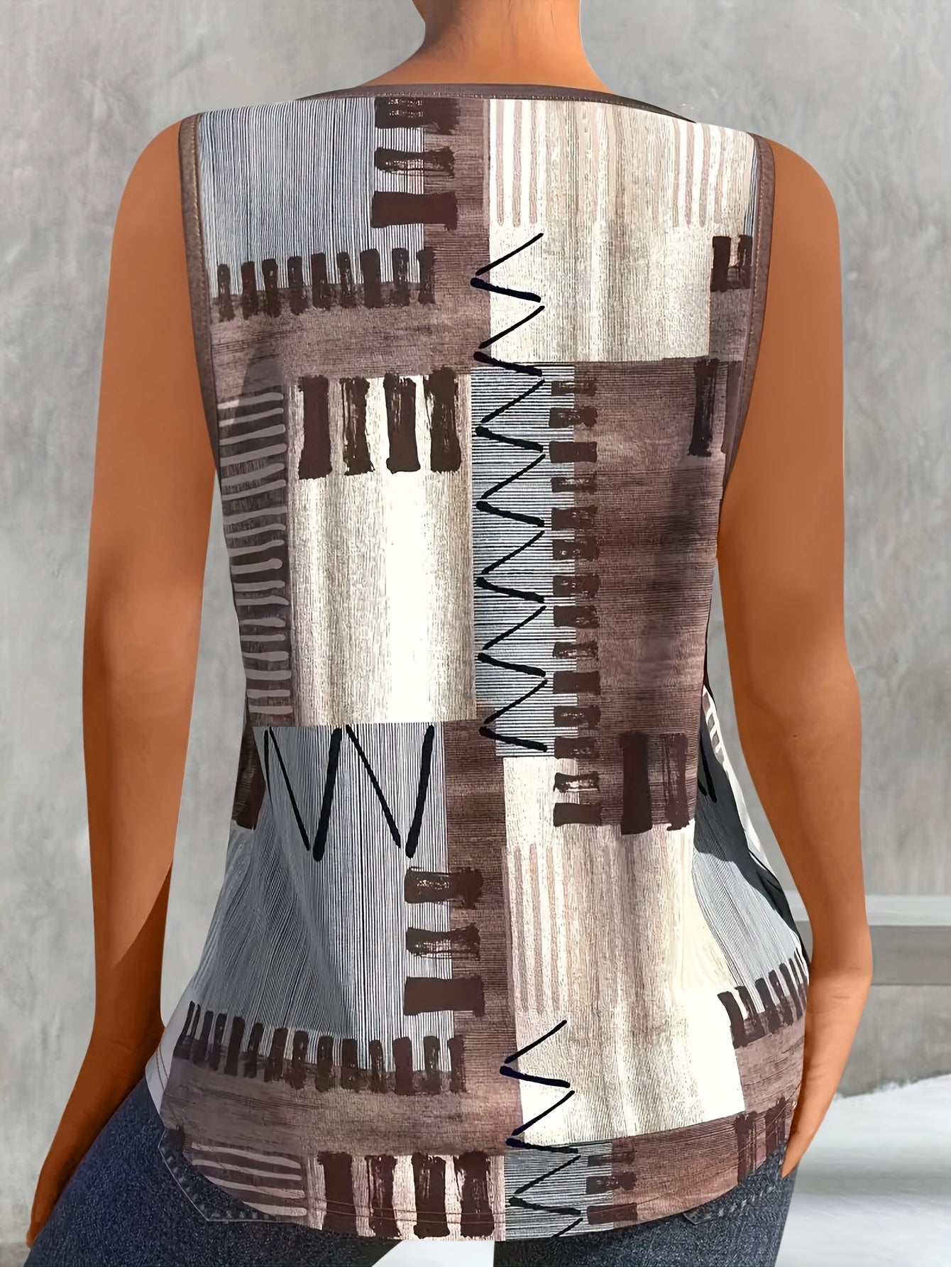 Vibrant Color Block Crew Neck Tank Top - Soft Mid-Elasticity Polyester Knit Fabric, Patchwork Pattern, Random Printing, Perfect for Summer - Womens Casual Sleeveless Middle East Style Clothing