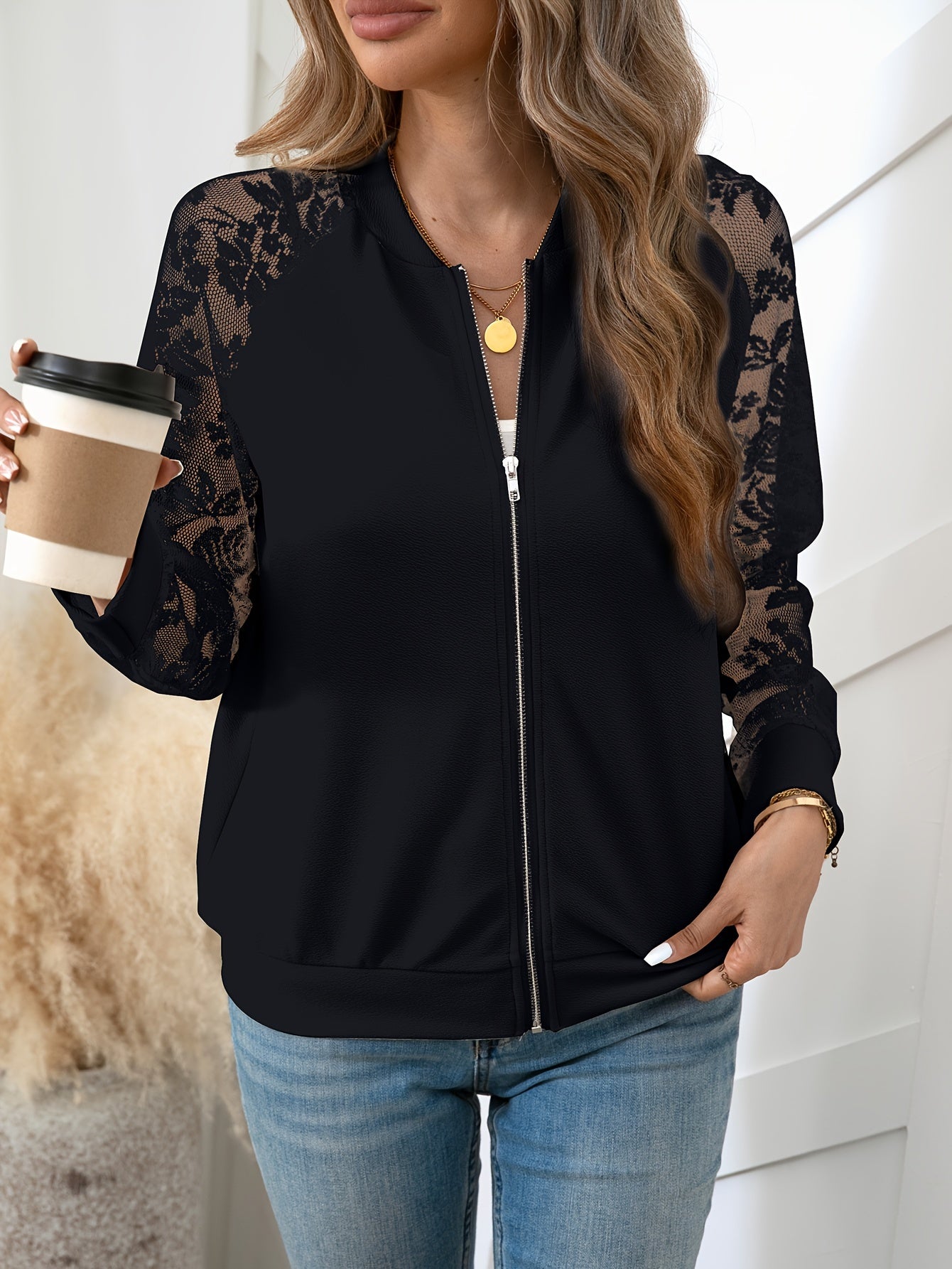 Stylish Contrast Lace Zip-Up Jacket - Water-Resistant, Breathable, Elegant Baseball Outwear for Spring and Fall Seasons - Women's Fashion Clothing for Everyday Wear