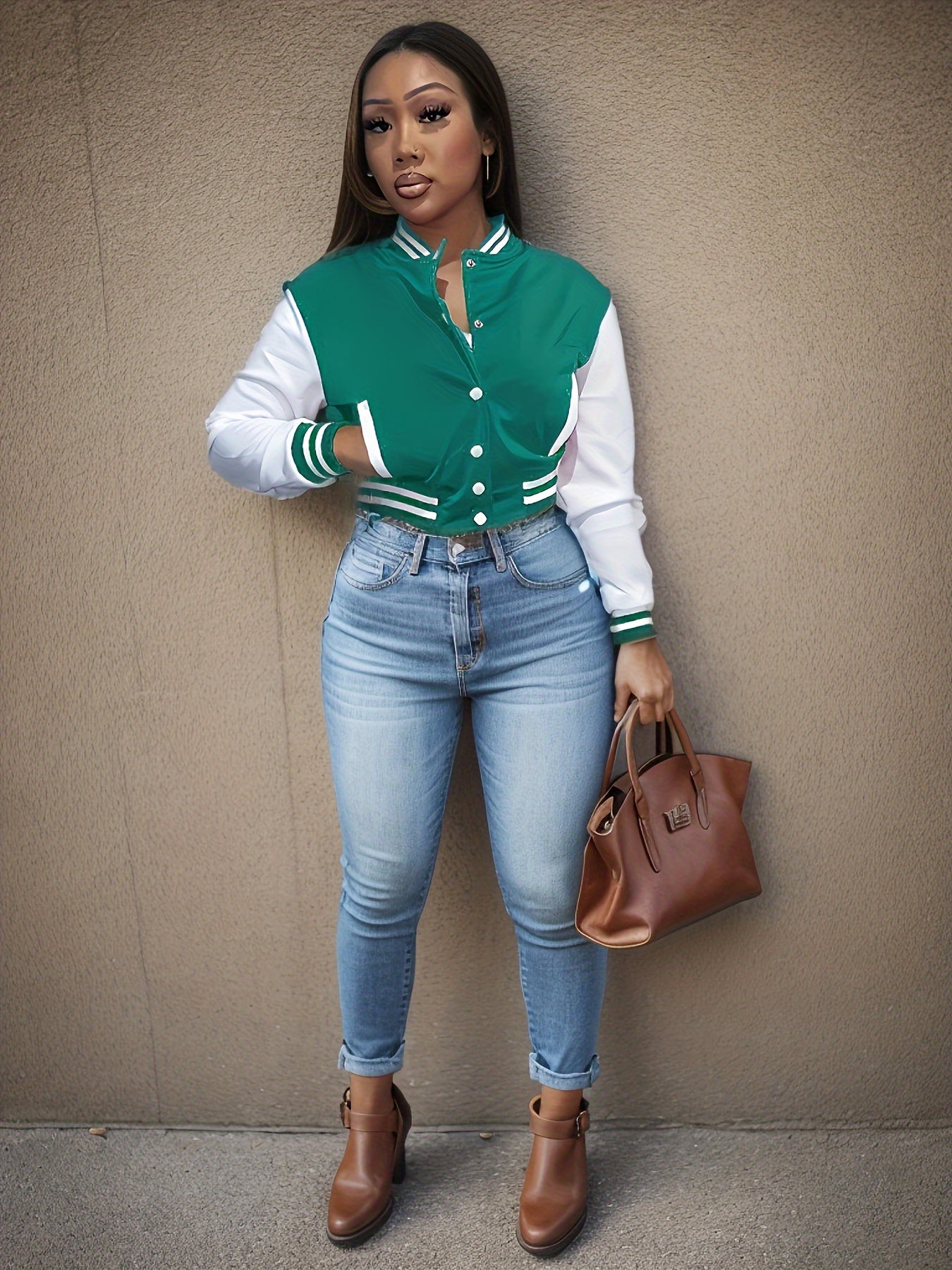 Womens Color Block Button Front Jacket - Stylish & Warm Casual Wear for Fall & Winter - Trendy Baseball Style with Long Sleeves