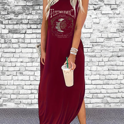 Fleet Wood Mac Print Sleeveless Tee Dress, Casual Tank Dress For Spring & Summer, Women's Clothing