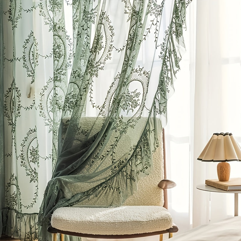 1pc Romantic Vintage Green Floral Embroidery Lace Voile Sheer Curtain - Ruffled Short Window Drapery for Bedroom Office Kitchen Living Room Study - Elegant Home Decor with Soft Filtered Light and Privacy