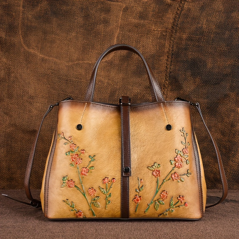 Genuine Leather Floral Embossed Vintage Tote Bag - Adjustable Strap, Soft Shoulder Bag, Elegant Crossbody Satchel Purse with Polyester Lining, Zipper Closure, Lightweight, and Positioning Printing - Urban Retro Style, Perfect for Women