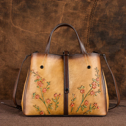 Genuine Leather Floral Embossed Vintage Tote Bag - Adjustable Strap, Soft Shoulder Bag, Elegant Crossbody Satchel Purse with Polyester Lining, Zipper Closure, Lightweight, and Positioning Printing - Urban Retro Style, Perfect for Women