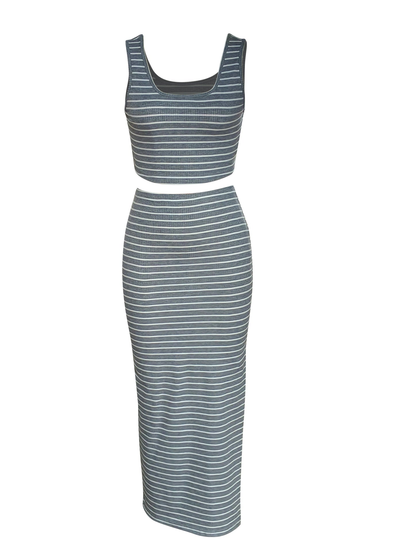Two-Piece Chic Striped Print Set - Skirt Suits with Crew Neck Sleeveless Tank Top and Split High Waist Skirt Outfits, Elegant Women's Clothing for Everyday Wear