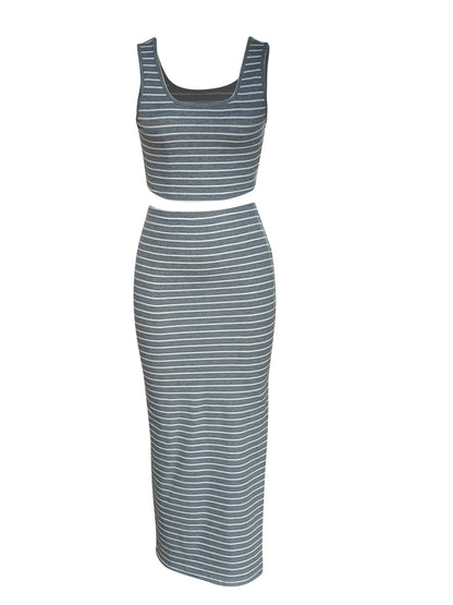 Two-Piece Chic Striped Print Set - Skirt Suits with Crew Neck Sleeveless Tank Top and Split High Waist Skirt Outfits, Elegant Women's Clothing for Everyday Wear