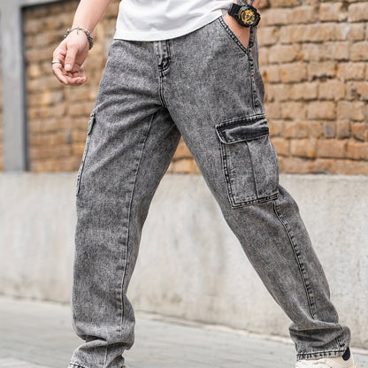 Men's Distressed Vintage Style Loose Fit Jeans - Soft Cotton Blend Fabric, Stylish Ripped Knees, Classic Five-Pocket Design, Perfect for Casual Street Wear, Spring and Fall Season, Comfortable and Fashionable Denim Pants for Men