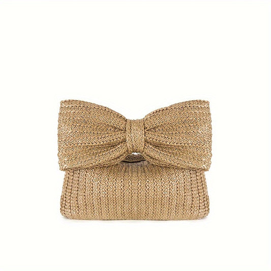 Vintage Style Woven Mini Clutch Bag, With Bowknot Decor, Bohemian Vacation Clutch Satchel Bag