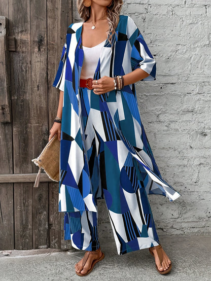 Chic Geometric Print Womens Pantsuit Set - Open Front Long Shirt & Wide Leg Pants - Stylish Casual Outfits for Fashion-Forward Ladies