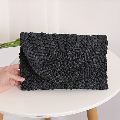 Women's Fashion Flap Envelope Straw Bag, Summer Beach Handmade Wallet, Clutch Solid Color Travel Wallet