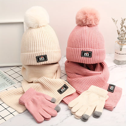 Winter Beanie Scarf Glove Set - 3 Piece Knitted Warm Accessories Kit, Elastic Polyester & Cotton Blend, Crafted Beanie with Pom Pom Detail, Cozy Knit Gloves - Unisex Cold Weather Gear
